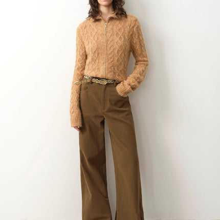 Vintage warm flower pattern basic top mohair wool cable blend zipper