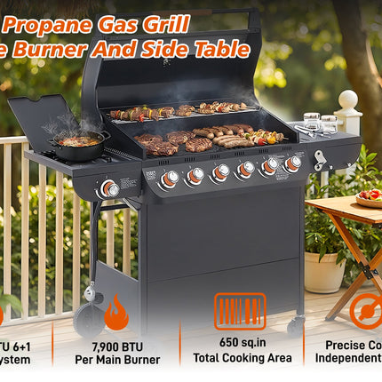 6 Burner BBQ Propane Gas Grill With Side Burner 72000 BTU Output