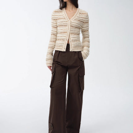 "Nice Weekend" striped mixed woven V-neck early spring layered knitted