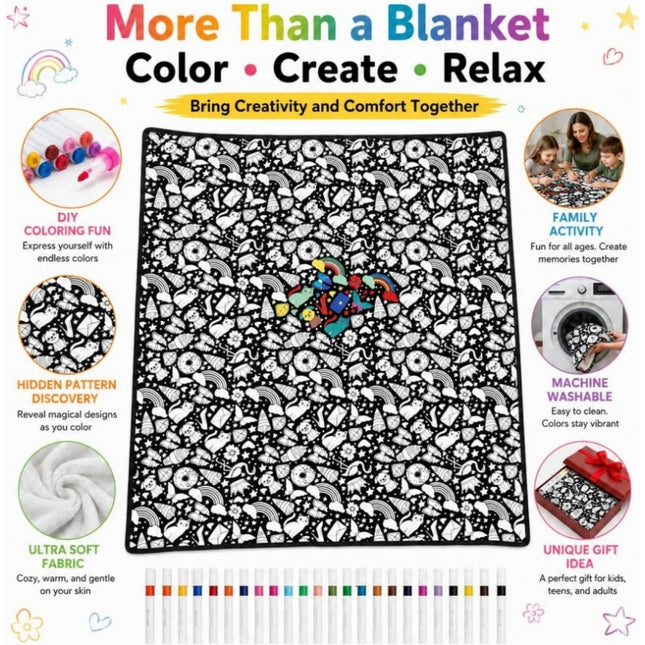 DIY Coloring Blanket with 24 Colored Markers Creative Personalization Pattern Blanket Stress Relief Unique Paint Art Decor Gift