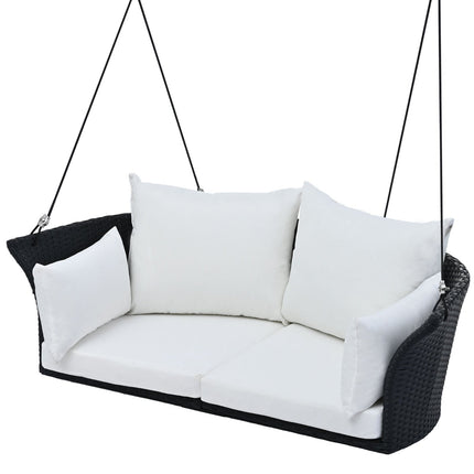 LuneluX_Home – Hanging Rattan Porch Swing for 2 (Black Wicker + White