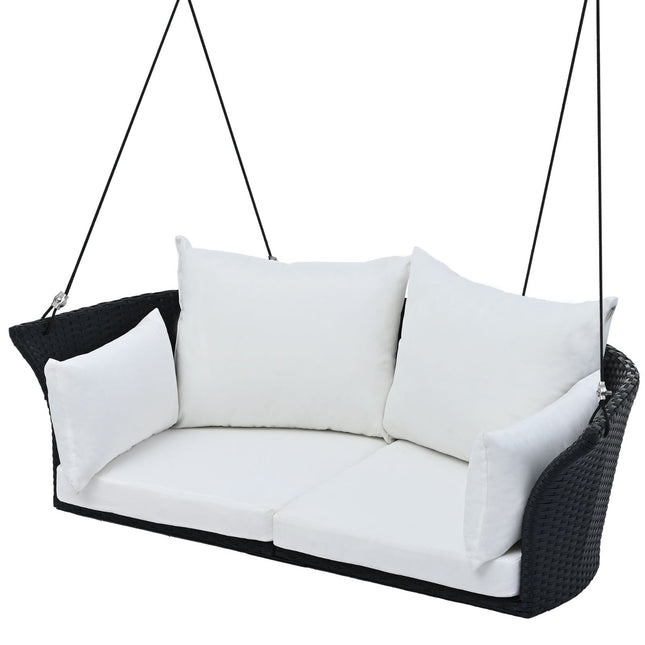 LuneluX_Home – Hanging Rattan Porch Swing for 2 (Black Wicker + White