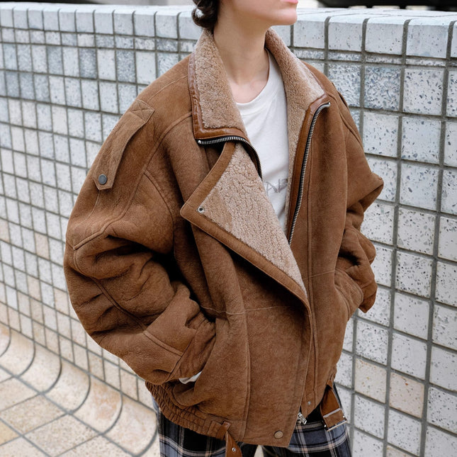 Fireladyfur Women's Shearling Coat - Motorcycle Style Merino Wool