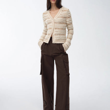 "Nice Weekend" striped mixed woven V-neck early spring layered knitted