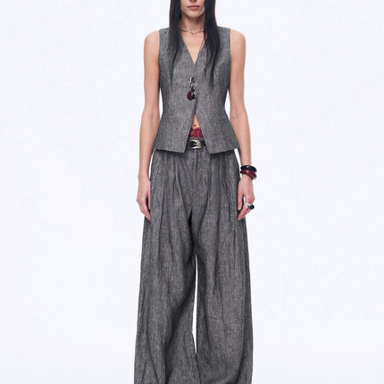 Fireladyfur Women's Linen Suit Set: Draped Vest & High-Waist Straight