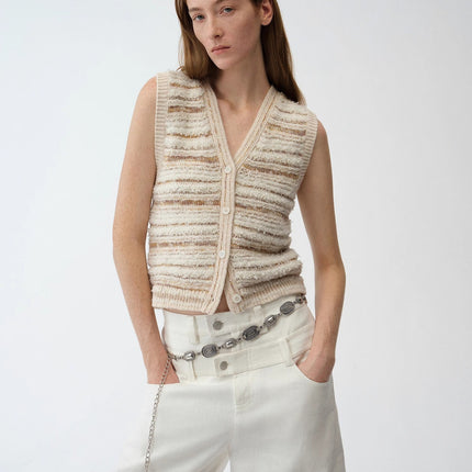"Nice Weekend" striped mixed woven V-neck early spring layered knitted