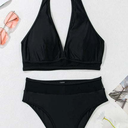 Sheer Mesh Edged Halter V Neck Push Up Bikini Set