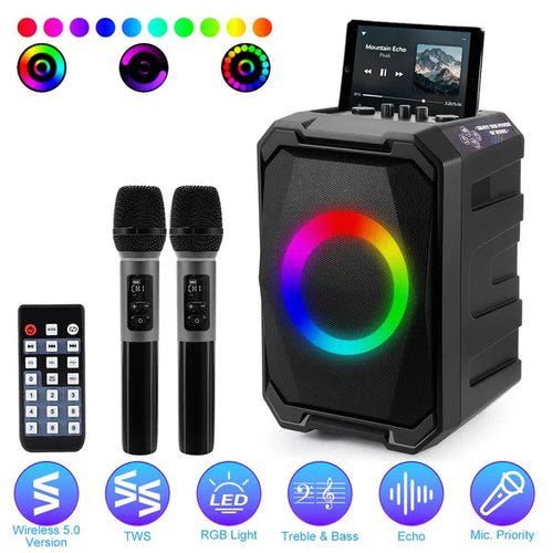 Portable Wireless Party Speaker With LED Light 2 Wireless Mics Remote