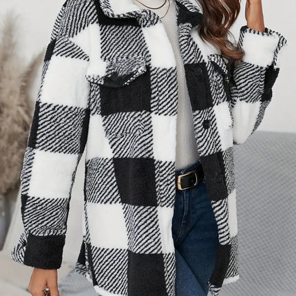 Plaid Button Up Long Sleeve Fuzzy Outerwear