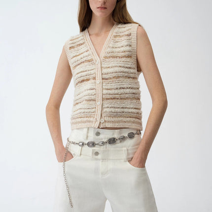 "Nice Weekend" striped mixed woven V-neck early spring layered knitted