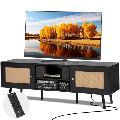 Rattan TV Stand For 65 Inch TV, Boho TV Stand With Rattan Door,
