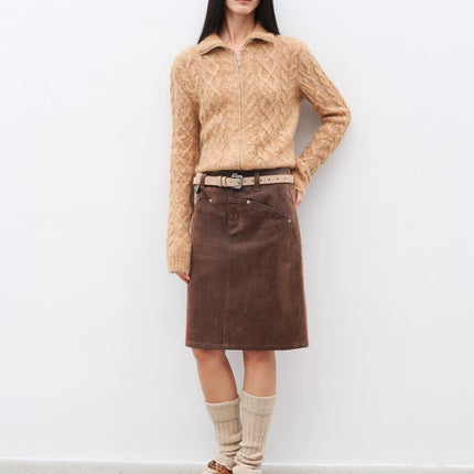Vintage warm flower pattern basic top mohair wool cable blend zipper