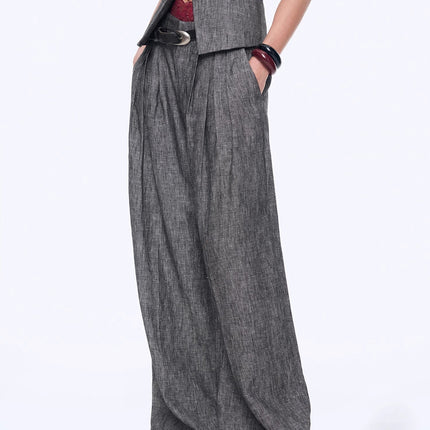 Fireladyfur Women's Linen Suit Set: Draped Vest & High-Waist Straight