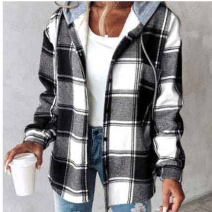 Plaid Hooded Jacket Fashion Casual Button Pocket Coat Autumn And