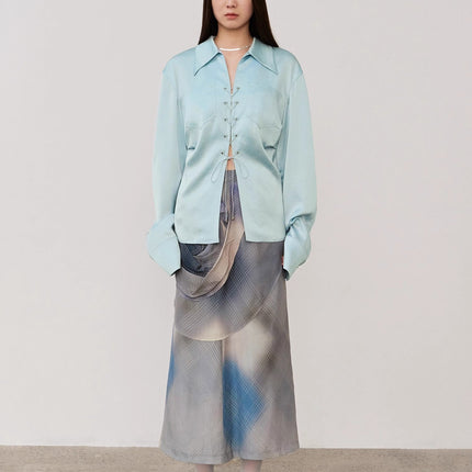 "Mercerized Spring Shadow" Acetate Shirt Women's Hollow String Pleated
