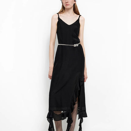 Acetate Mulberry Silk V-Neck Ruffled Draped Twist Strap Summer Dress