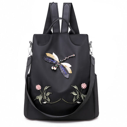Oxford Cloth Embroidered Dragonfly Pattern Travel Backpack