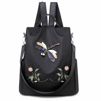 Oxford Cloth Embroidered Dragonfly Pattern Travel Backpack