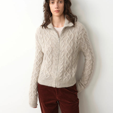 Vintage warm flower pattern basic top mohair wool cable blend zipper