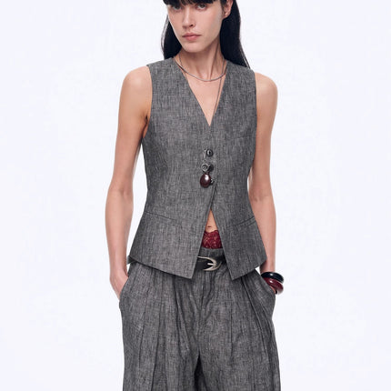 Fireladyfur Women's Linen Suit Set: Draped Vest & High-Waist Straight