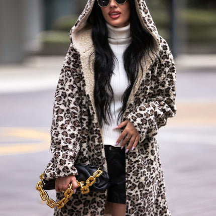 Shiny Leopard Hooded Coat with Pockets