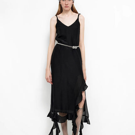 Acetate Mulberry Silk V-Neck Ruffled Draped Twist Strap Summer Dress