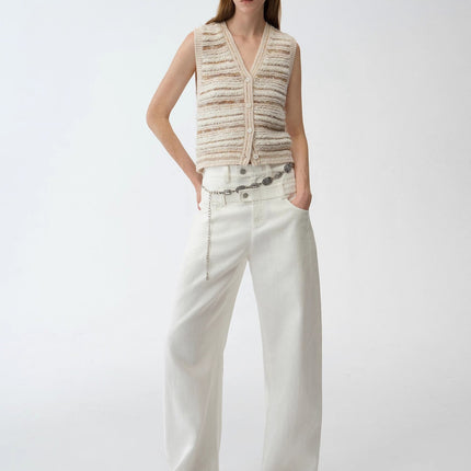 "Nice Weekend" striped mixed woven V-neck early spring layered knitted