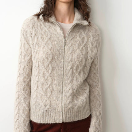Vintage warm flower pattern basic top mohair wool cable blend zipper