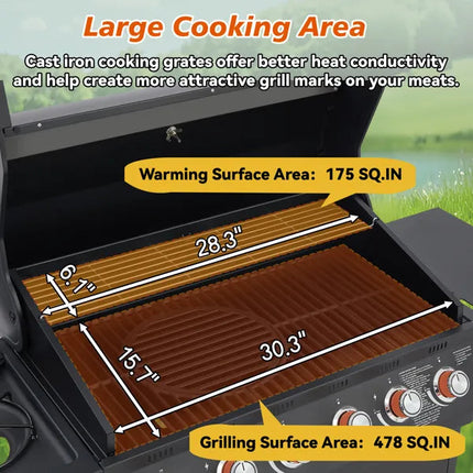 6 Burner BBQ Propane Gas Grill With Side Burner 72000 BTU Output