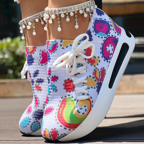 Women's Random Print Side Lace-Up Elastic Sport Shoes, Comfortable