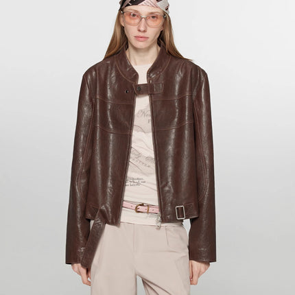 Retro Sheepskin Stand Collar Short Motorcycle Jacket “Caramel