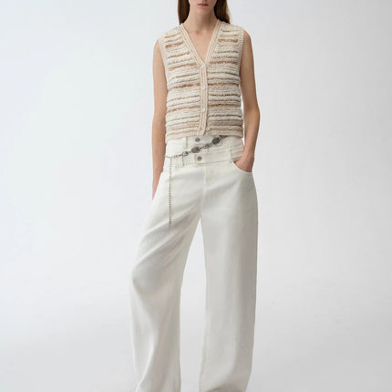 "Nice Weekend" striped mixed woven V-neck early spring layered knitted