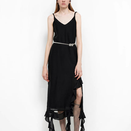 Acetate Mulberry Silk V-Neck Ruffled Draped Twist Strap Summer Dress