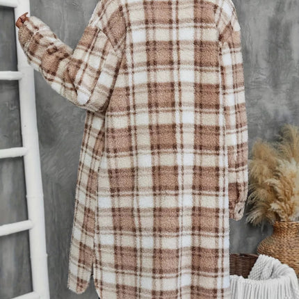 Plaid Fleece Button Up Longline Outerwear