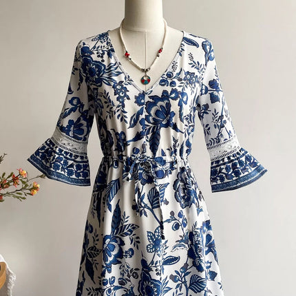Floral Print V-Neck Flounce Sleeve Dress