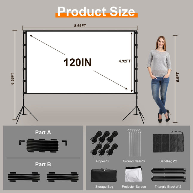 1Pc 120inch Or 100inch Projector Screen With Stand 16 9 4K HD Rear