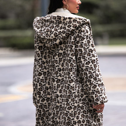 Shiny Leopard Hooded Coat with Pockets