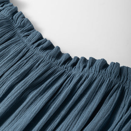 Solid Ruched Frilled Neck 3/4 Sleeve Dress