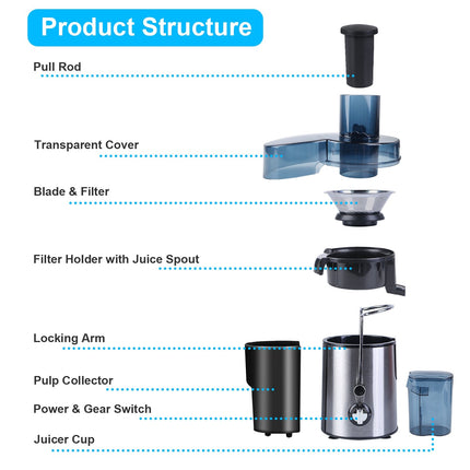 1Pc Centrifugal Juicer Juice Extractor With 2 Speeds 2.6in Wide Feed