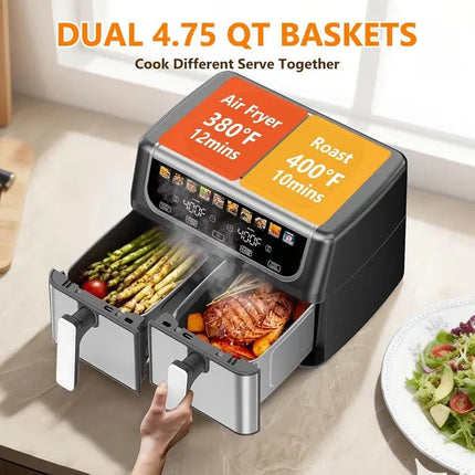 9.5 Quart Large Dual Basket Air Fryer With Double Basket, Independent