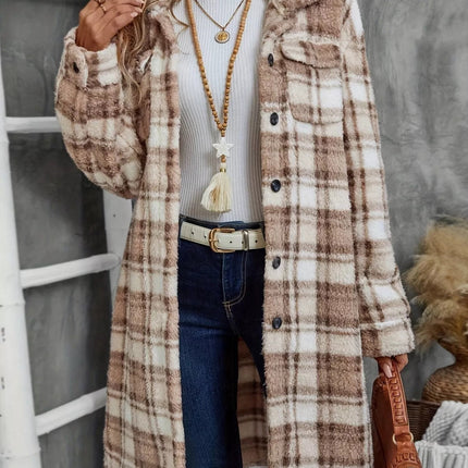 Plaid Fleece Button Up Longline Outerwear