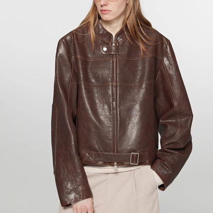 Retro Sheepskin Stand Collar Short Motorcycle Jacket “Caramel
