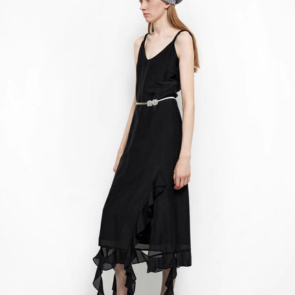Acetate Mulberry Silk V-Neck Ruffled Draped Twist Strap Summer Dress