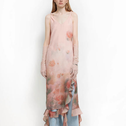 Acetate Mulberry Silk V-Neck Ruffled Draped Twist Strap Summer Dress