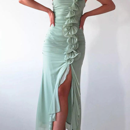 Stylish One-Shoulder Ruffle : Slit Dress