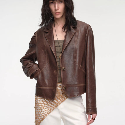New Zealand imported waxed sheepskin distressed short leather jacket