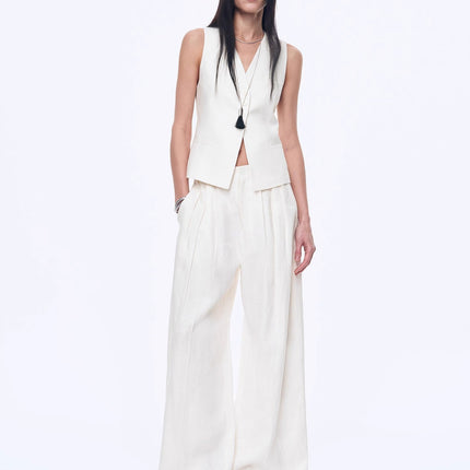Fireladyfur Women's Linen Suit Set: Draped Vest & High-Waist Straight
