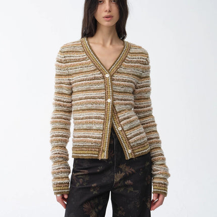 "Nice Weekend" striped mixed woven V-neck early spring layered knitted