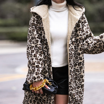 Shiny Leopard Hooded Coat with Pockets