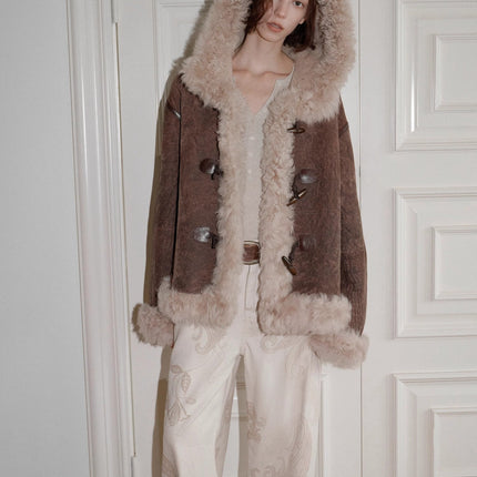 Fireladyfur Women's Shearling Coat - Drop Shoulder Hooded Merino Wool